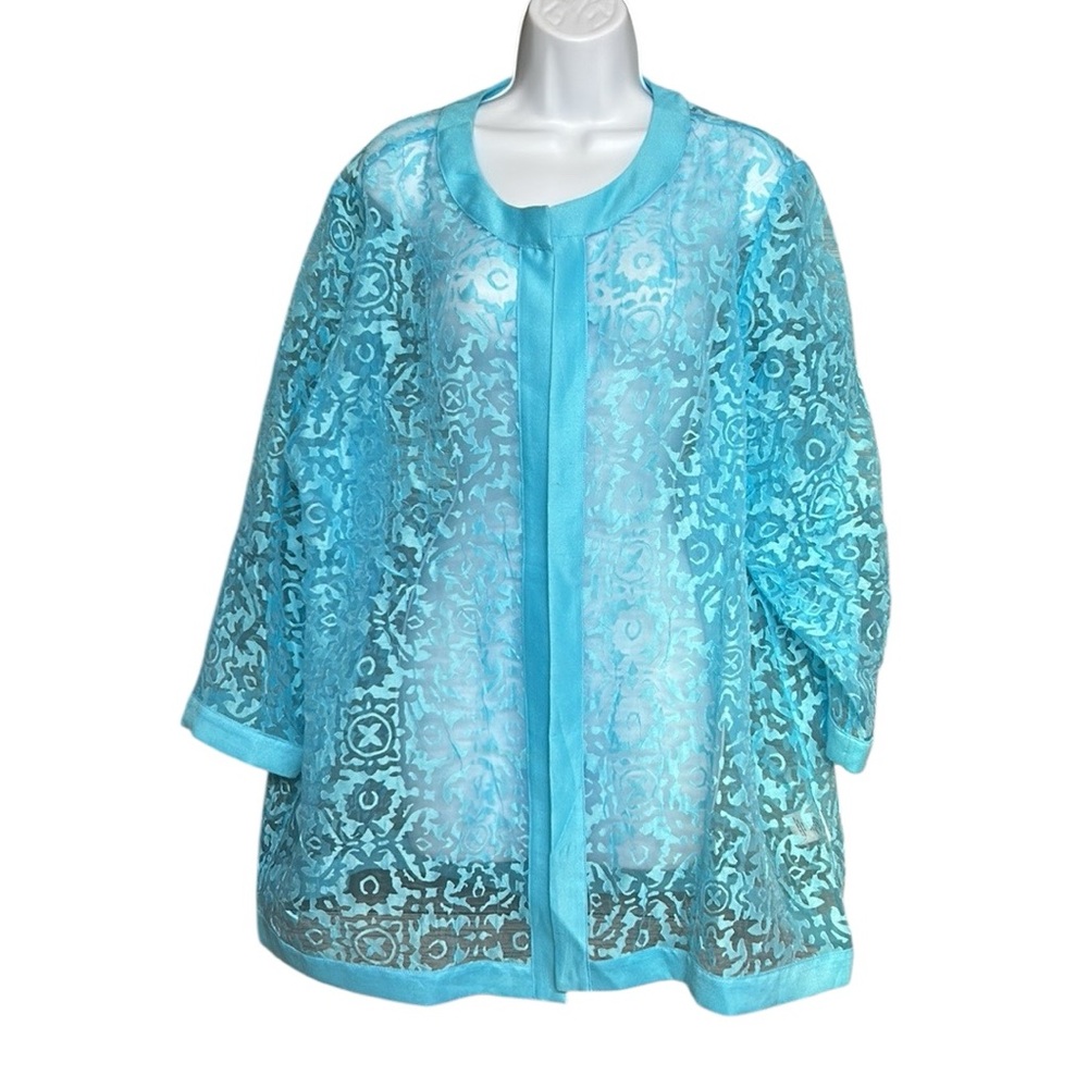 Ruby Rd. Aqua Blue Lacy Burnout Open Front Long Line Cardigan Plus Size 1X